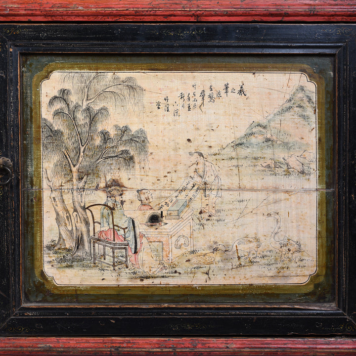 Detail Of Paintwork On Cupboard Door From Antique Chinese Red Lacquer Sideboard With Hand-Painted Landscape Panels And Three Drawers