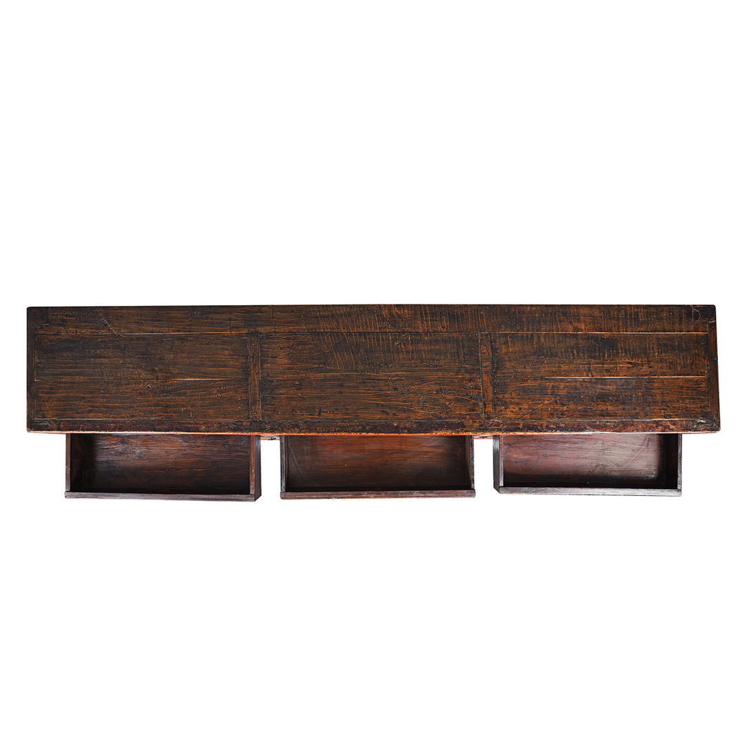Top Down View Of Antique Chinese Red Lacquer Sideboard With Hand-Painted Landscape Panels And Three Drawers
