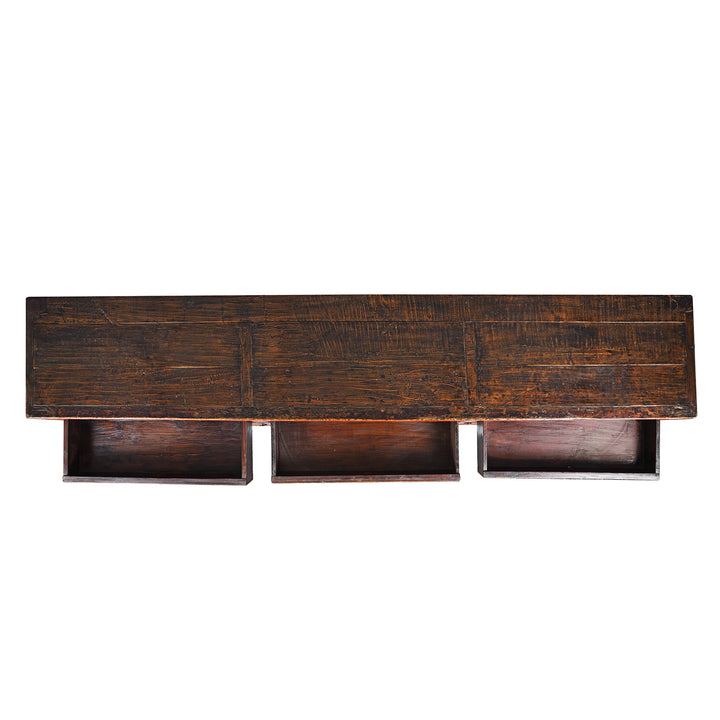 Top Down View Of Antique Chinese Red Lacquer Sideboard With Hand-Painted Landscape Panels And Three Drawers