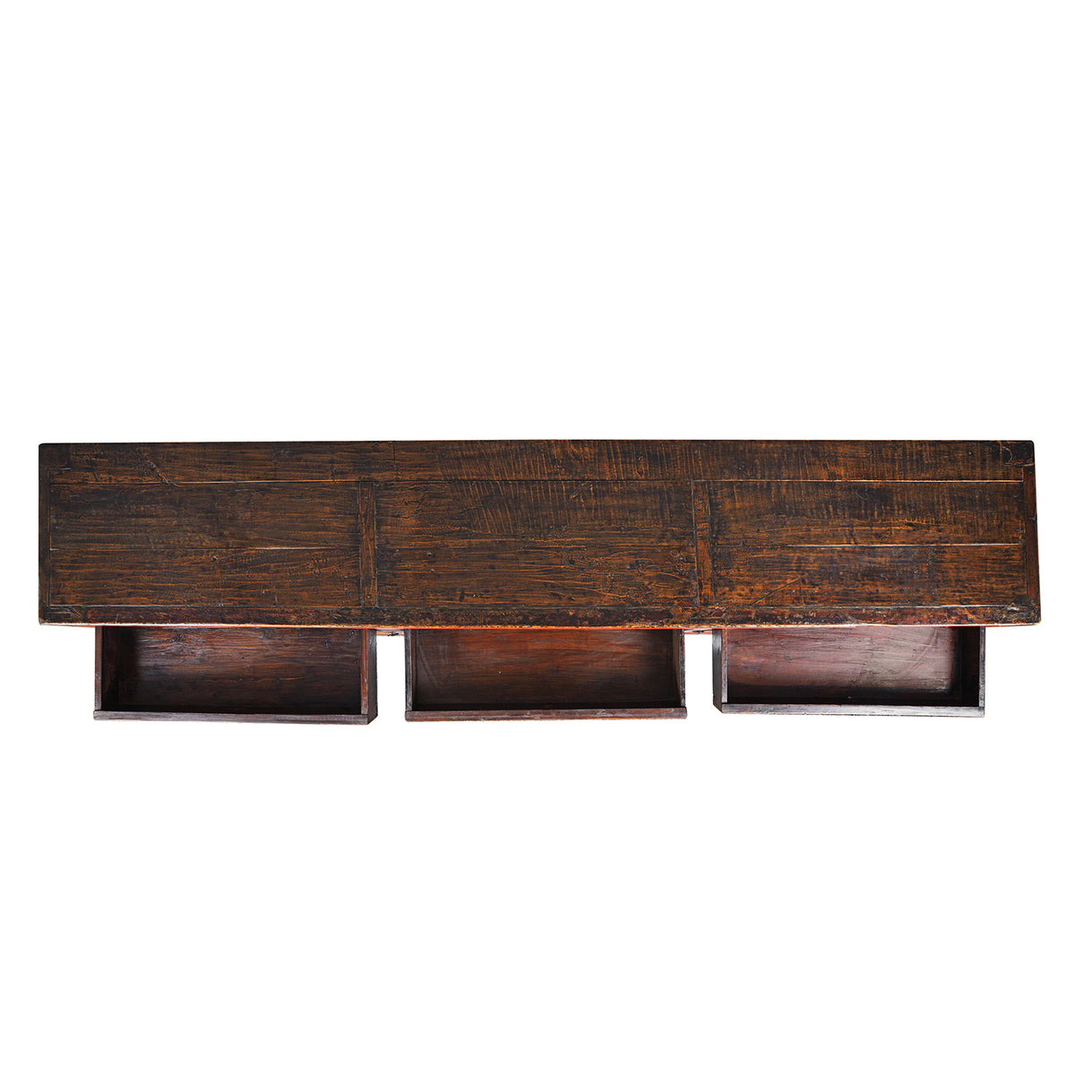 Top Down View Of Antique Chinese Red Lacquer Sideboard With Hand-Painted Landscape Panels And Three Drawers