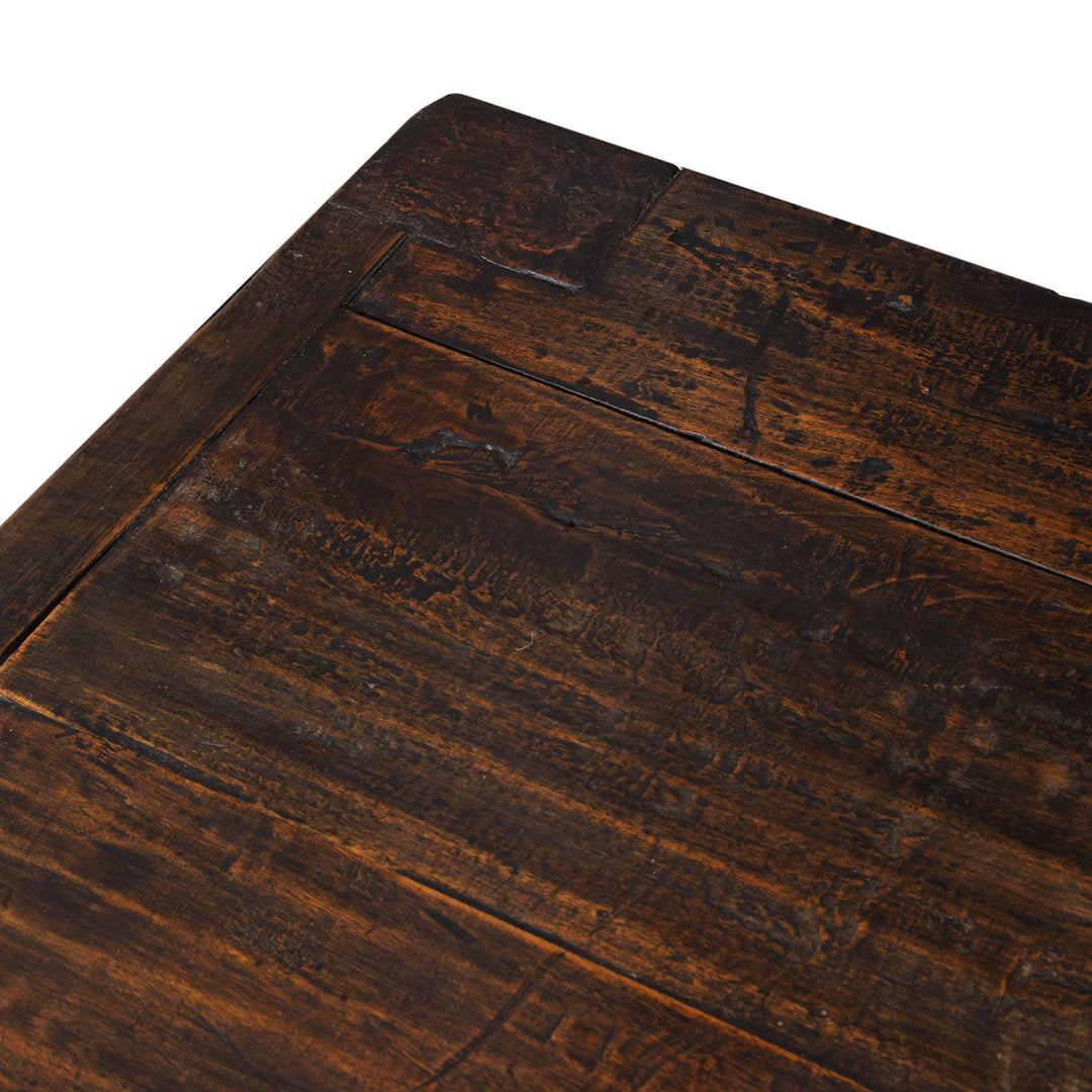 Top Down Corner View From Antique Chinese Red Lacquer Sideboard With Hand-Painted Landscape Panels And Three Drawers