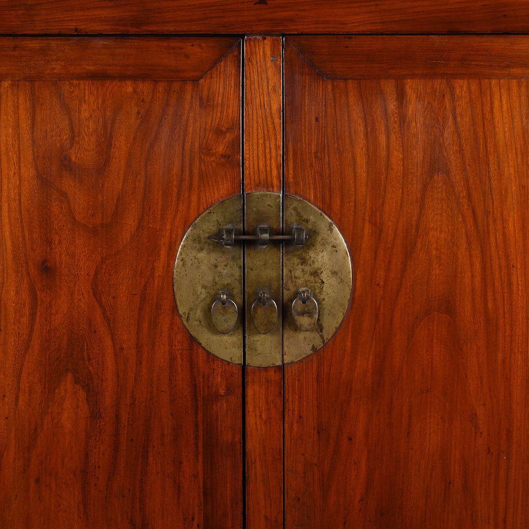 Locking Plate Detail From Antique Chinese Elm Compound Cabinet With Brass Fittings And Carved Lower Panel