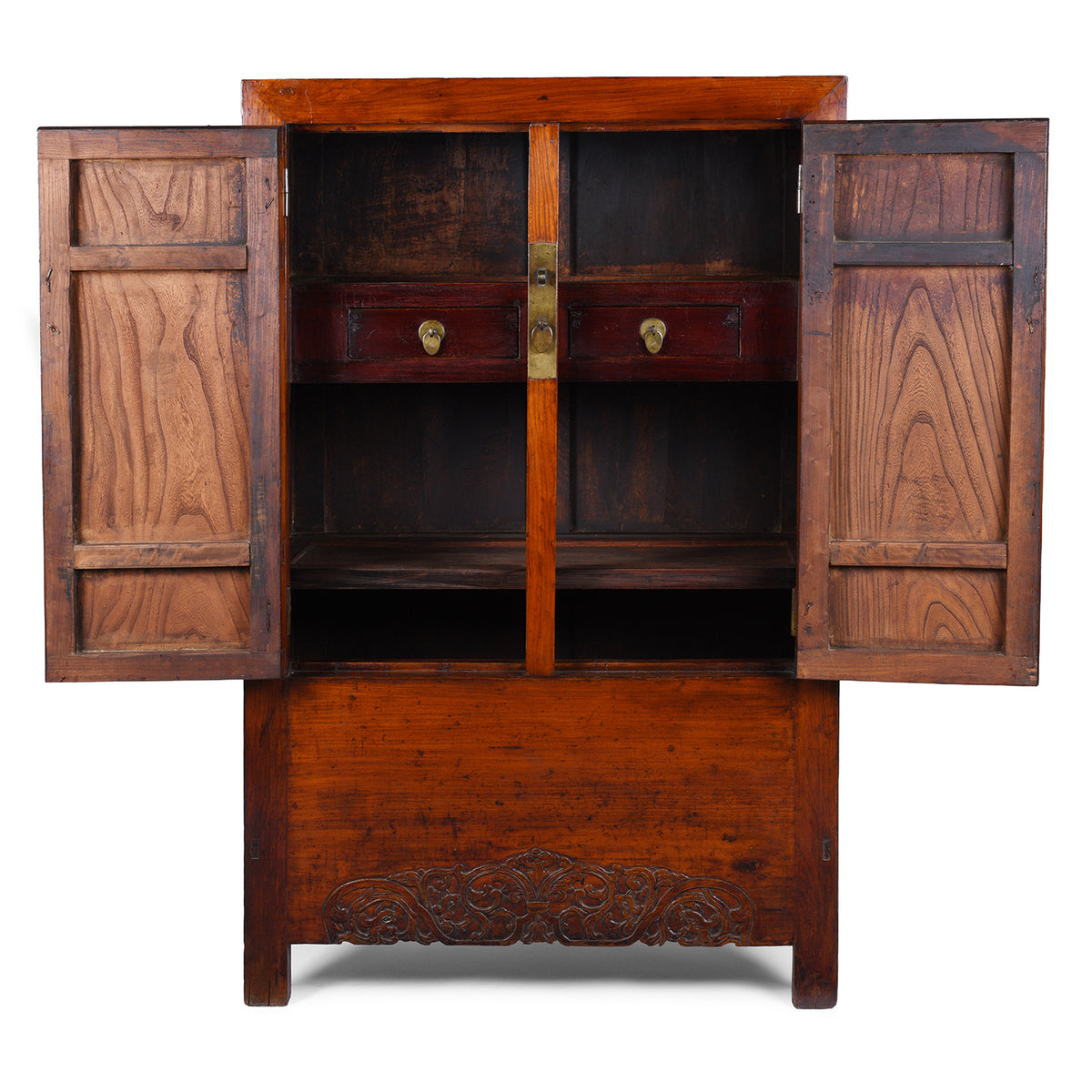 Interior Of Antique Chinese Elm Compound Cabinet With Brass Fittings And Carved Lower Panel