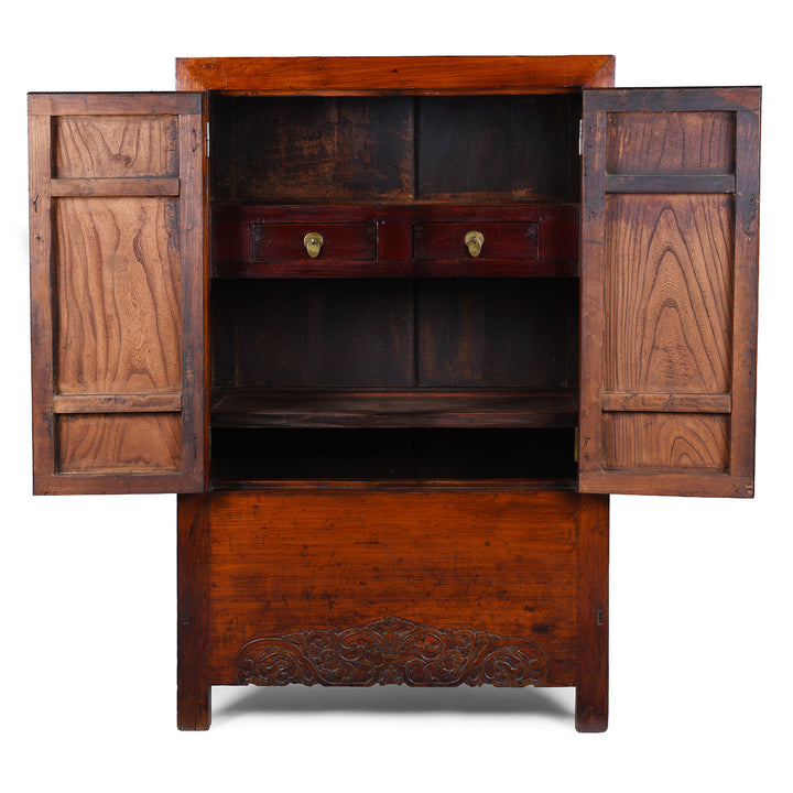 Interior Of Antique Chinese Elm Compound Cabinet With Brass Fittings And Carved Lower Panel
