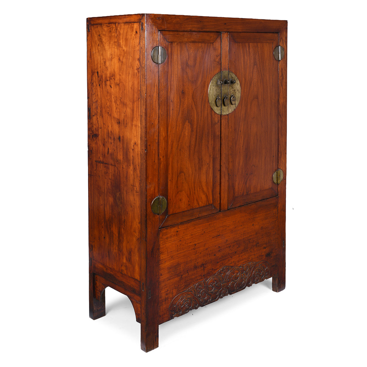 Angled View Of Antique Chinese Elm Compound Cabinet With Brass Fittings And Carved Lower Panel