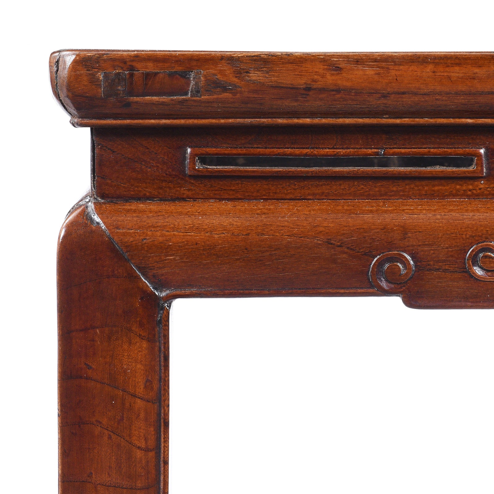Corner Detail From Antique Red Elm Square Side Table From Jiangsu | Indigo Antiques
