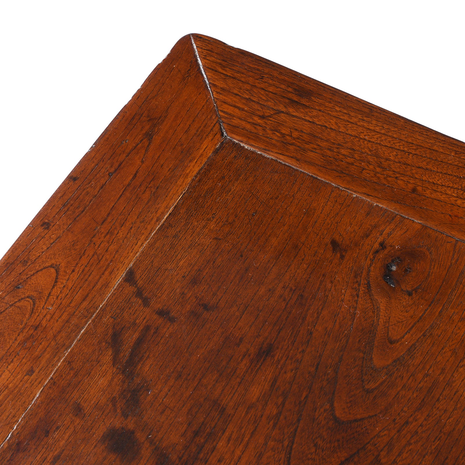 Top Corner Detail From Antique Red Elm Square Side Table From Jiangsu | Indigo Antiques