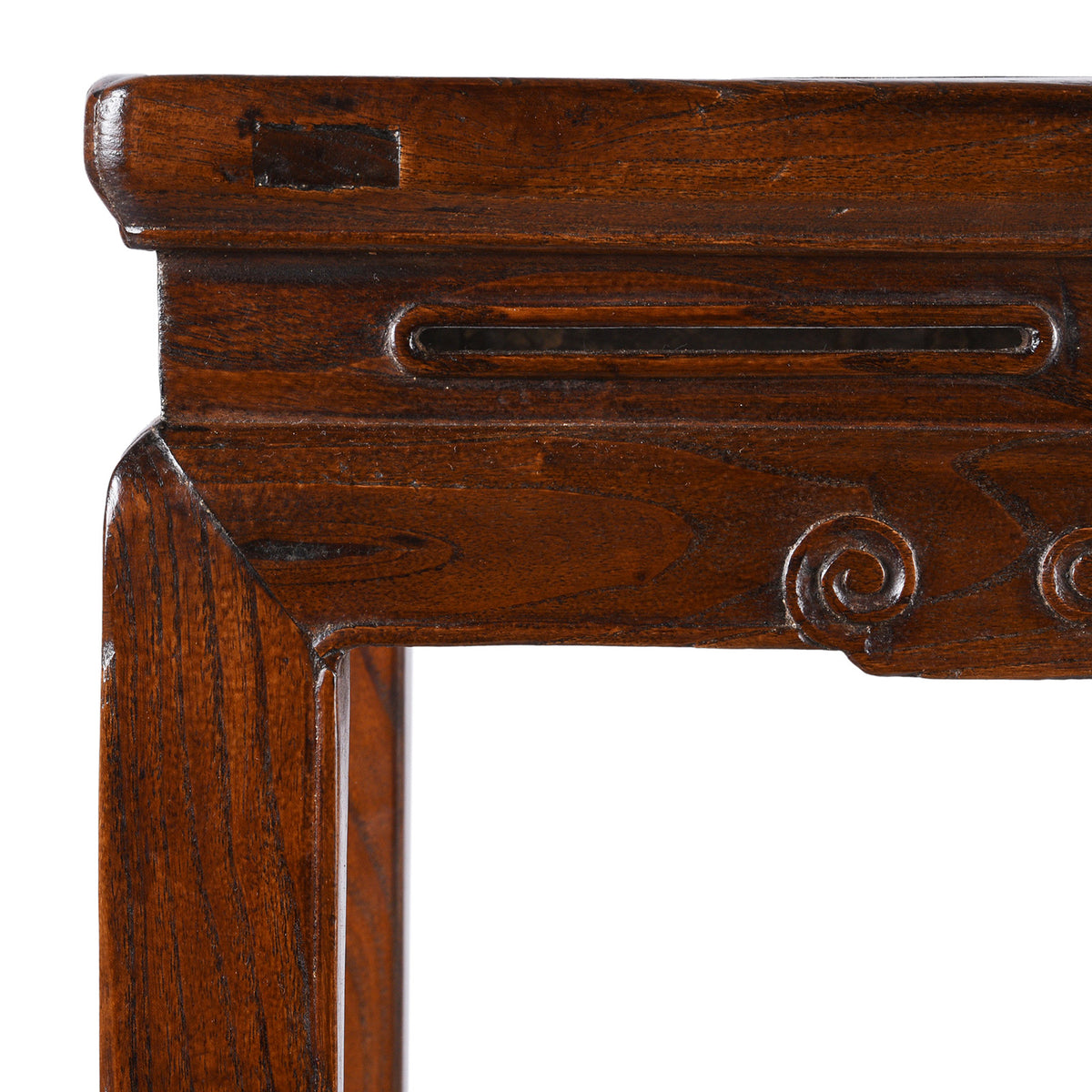 Corner Detail From Antique Chinese Red Elm Square Side Table | Indigo Antiques