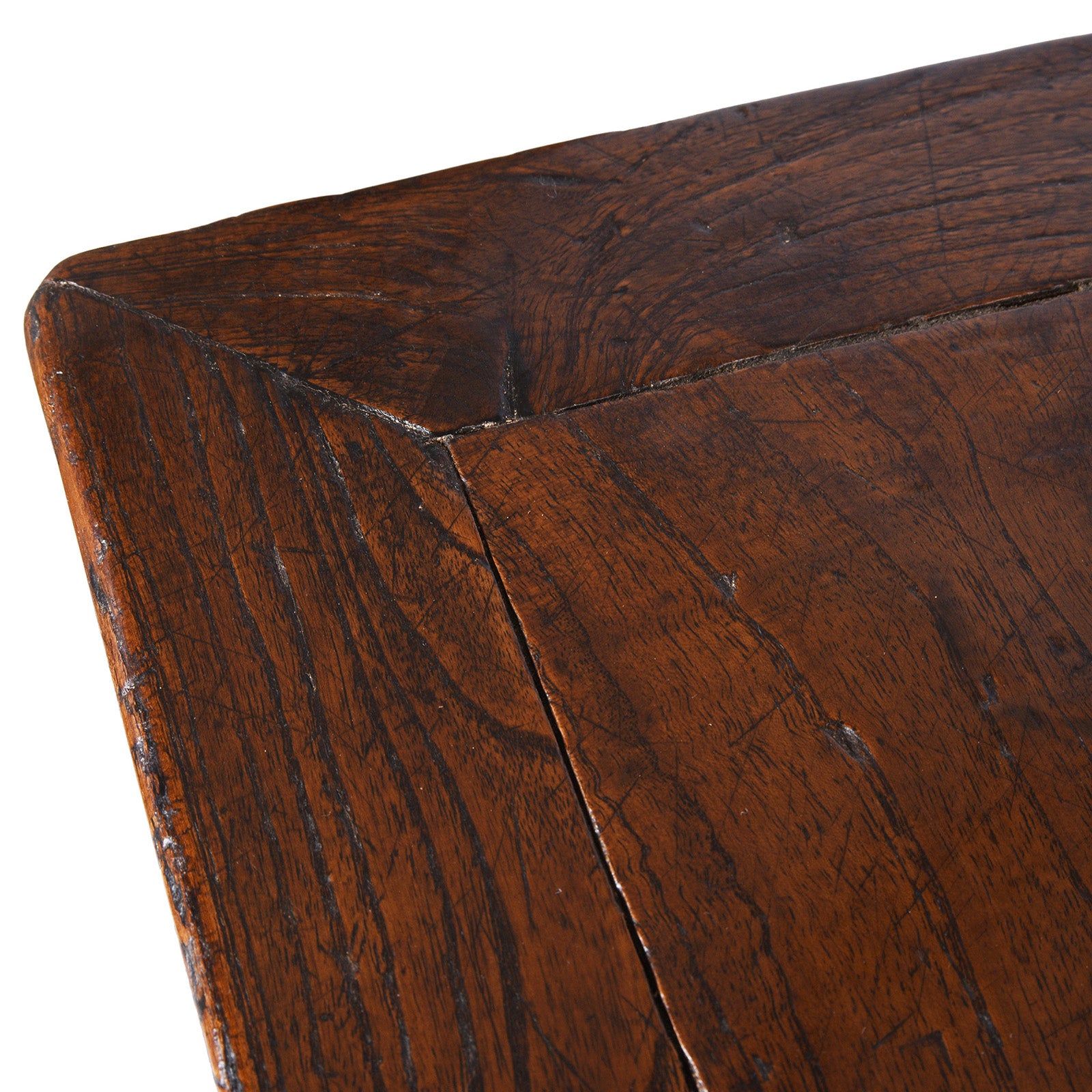 Top Corner Detail From Antique Chinese Red Elm Square Side Table | Indigo Antiques