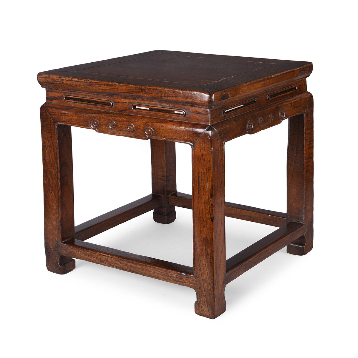 Angled View Of Antique Chinese Red Elm Square Side Table | Indigo Antiques