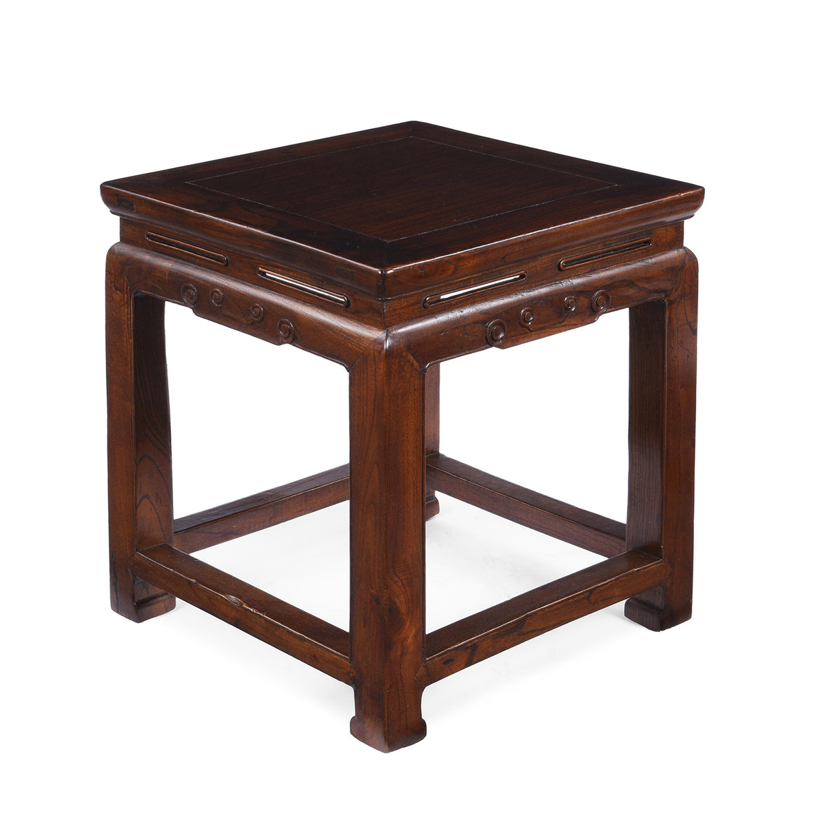 Angled View Of Antique Chinese Red Elm Square Side Table | Indigo Antiques