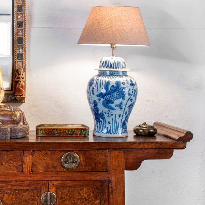 Blue & White Temple Jar Lamp - Fish Design