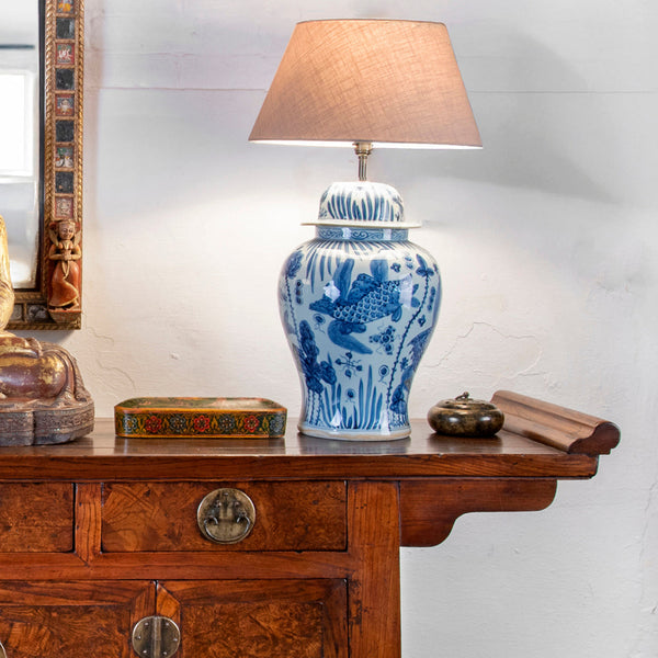 Blue & White Temple Jar Lamp - Fish Design