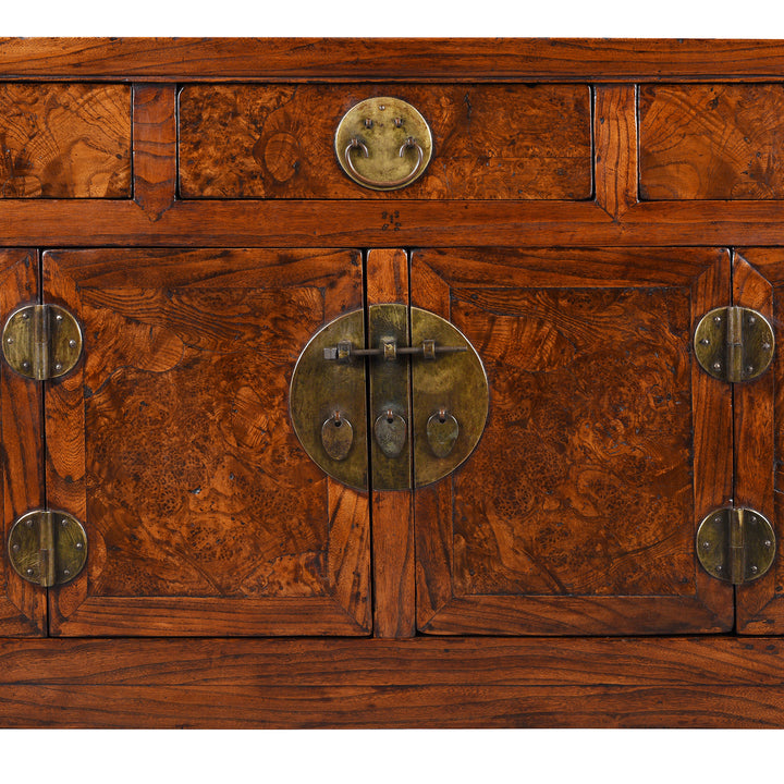 Central Doors Detail From Antique Chinese Peking Sideboard Made From Burr Elm | Indigo Antiques