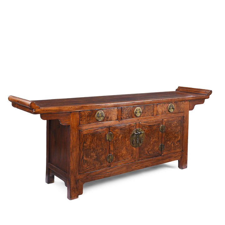 Angled View Of Antique Chinese Peking Sideboard Made From Burr Elm | Indigo Antiques
