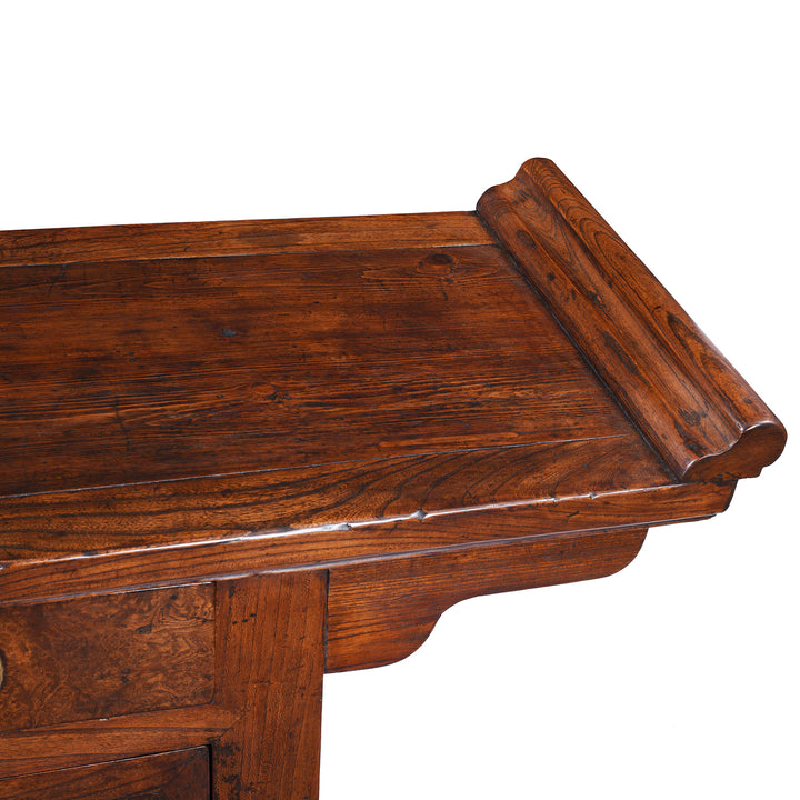 Scroll Detail From Antique Chinese Peking Sideboard Made From Burr Elm | Indigo Antiques