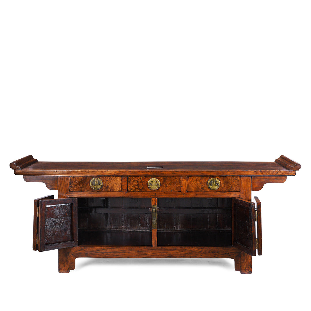 Open Doors View Of Antique Chinese Peking Sideboard Made From Burr Elm | Indigo Antiques