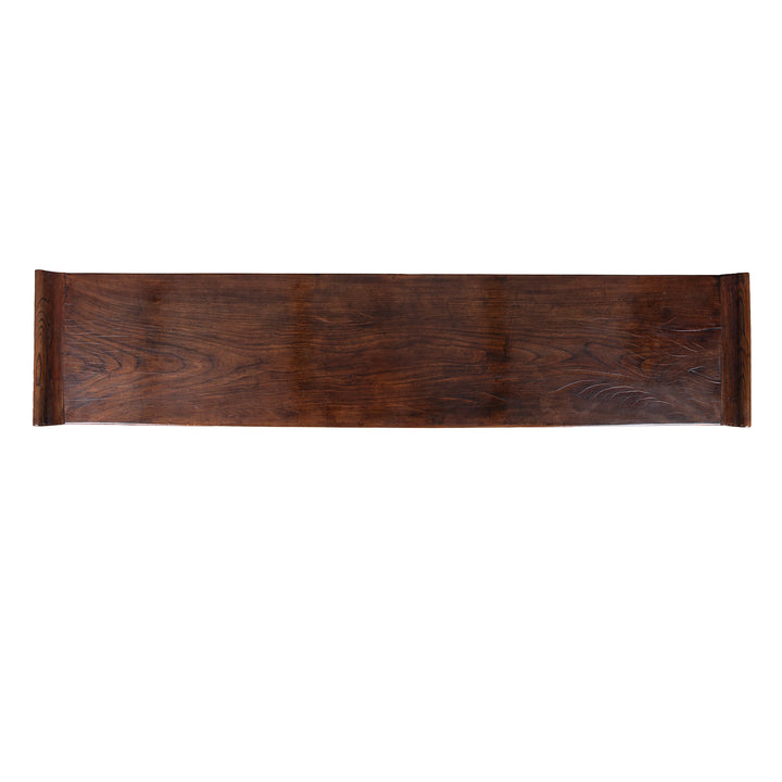Top Down View Of Antique Chinese Red Elm Altar Table From Suzhou With Scroll Ends And Carved Spandrels 18th Century