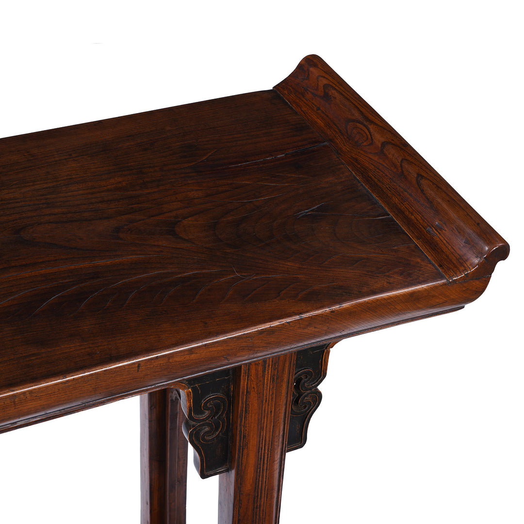 Top Down Detail From Antique Chinese Red Elm Altar Table From Suzhou With Scroll Ends And Carved Spandrels 18th Century