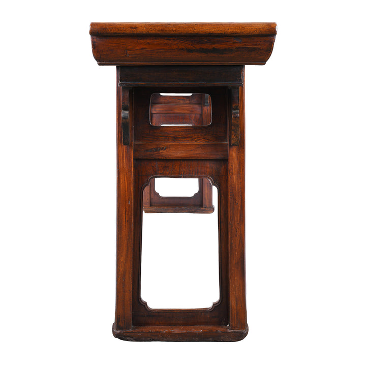 End View Of Antique Chinese Red Elm Altar Table From Suzhou With Scroll Ends And Carved Spandrels 18th Century