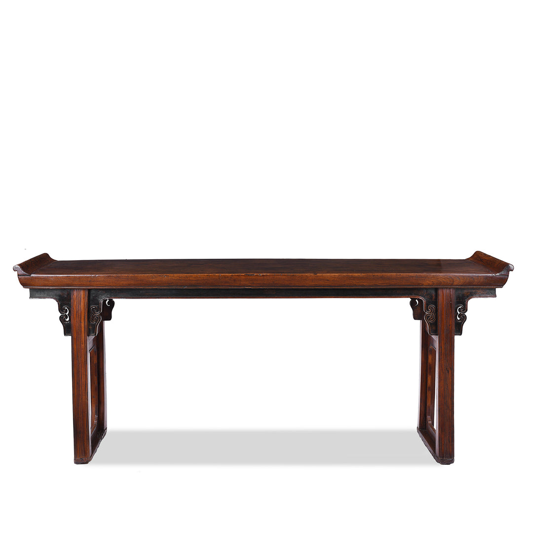 Antique Chinese Red Elm Altar Table From Suzhou With Scroll Ends And Carved Spandrels 18th Century