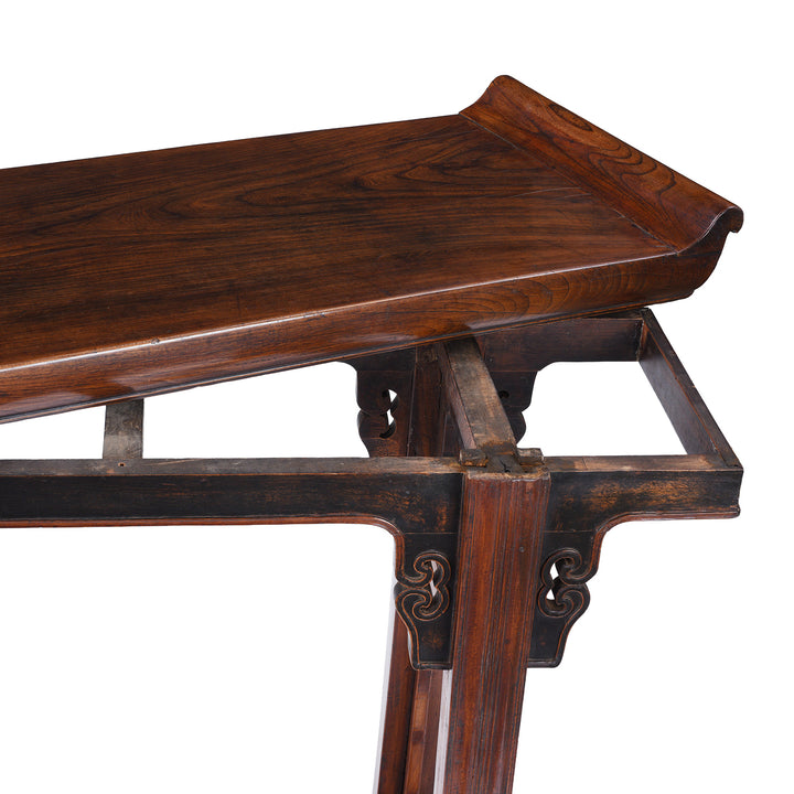 Detail From Antique Chinese Red Elm Altar Table From Suzhou With Scroll Ends And Carved Spandrels 18th Century