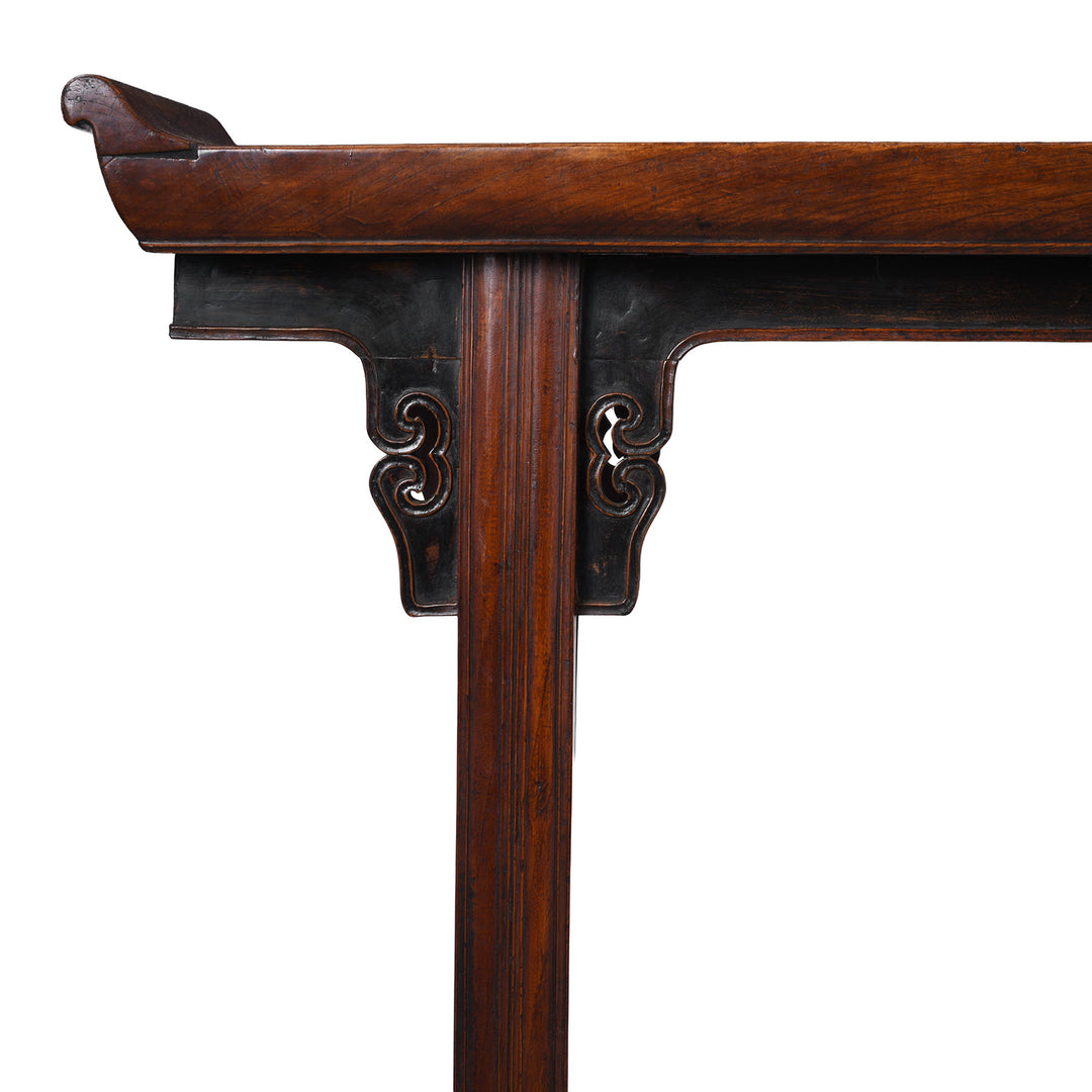 Corner Detail From Antique Chinese Red Elm Altar Table From Suzhou With Scroll Ends And Carved Spandrels 18th Century