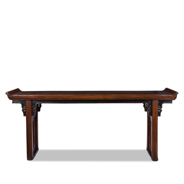 Antique Chinese Red Elm Altar Table From Suzhou With Scroll Ends And Carved Spandrels 18th Century