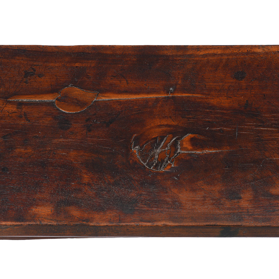 Detail From The Top Of Antique Chinese Walnut Bench Showing Leaf Shaped Patch | Indigo Antiques