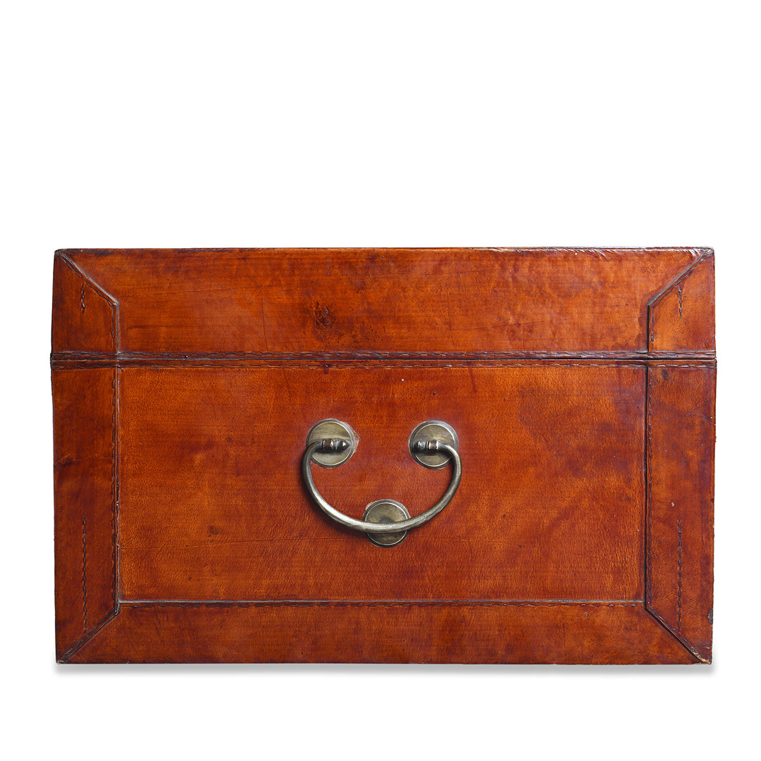 Side View Of Antique Tan Leather Trunk From Shanghai | Indigo Antiques