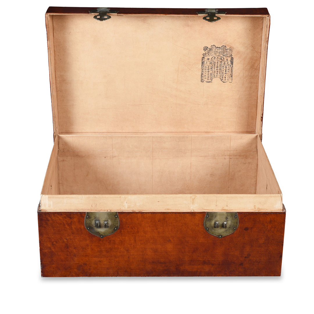 Open View Of Antique Tan Leather Trunk From Shanghai | Indigo Antiques