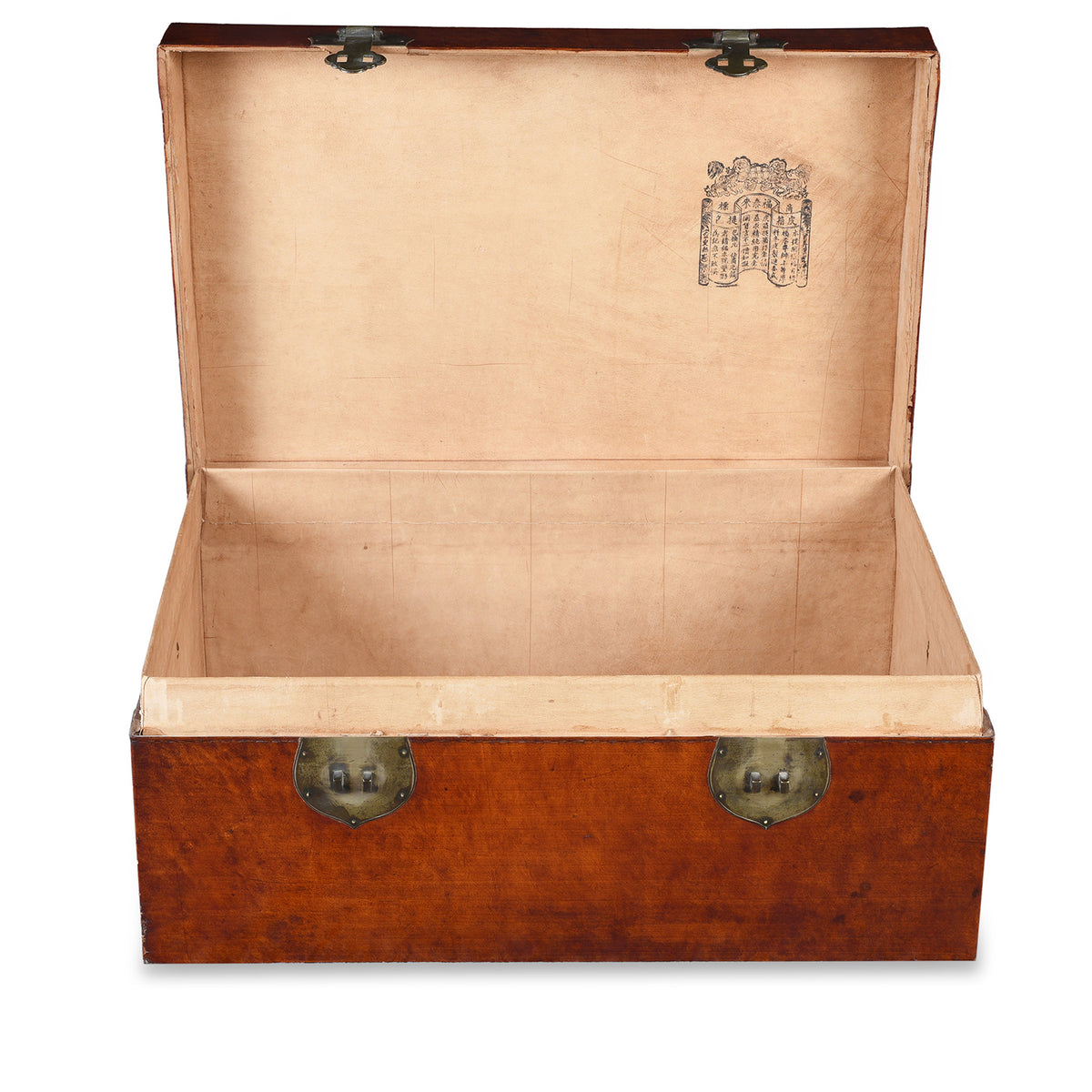 Open View Of Antique Tan Leather Trunk From Shanghai | Indigo Antiques