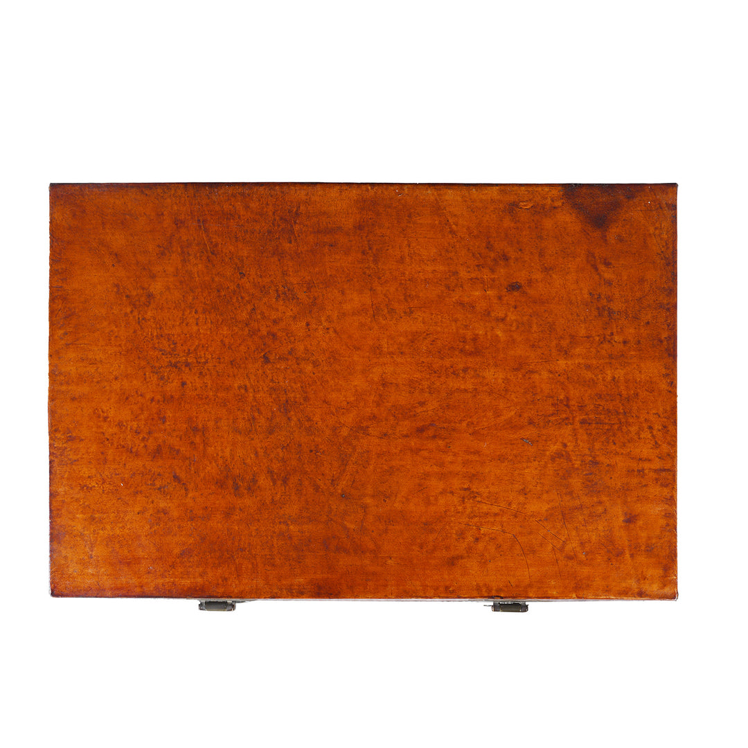 Top Down View Of Antique Tan Leather Trunk From Shanghai | Indigo Antiques