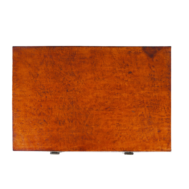 Top Down View Of Antique Tan Leather Trunk From Shanghai | Indigo Antiques