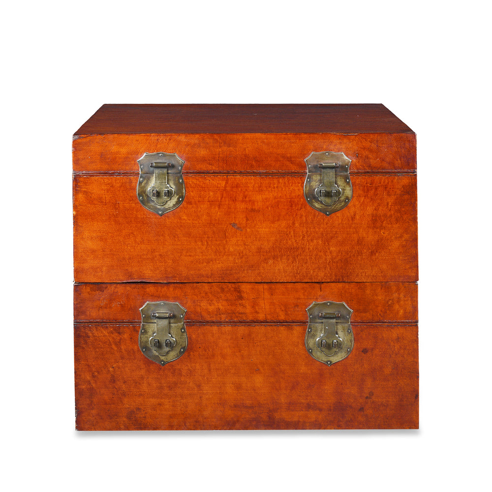 Stack Of Antique Tan Leather Trunk From Shanghai | Indigo Antiques