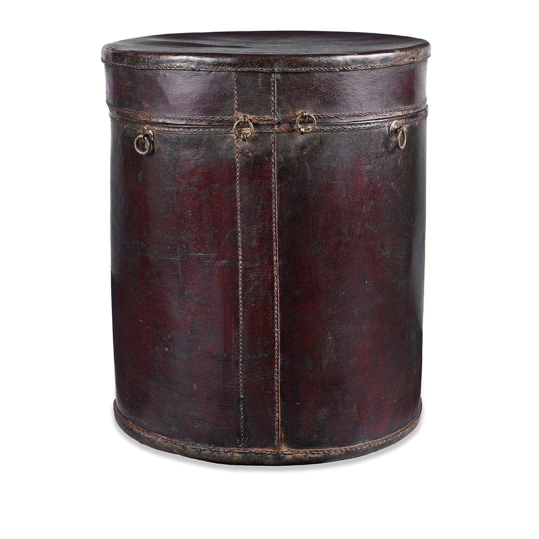 Back Of Round Leather Hat Box From Shanghai  | Indigo Antiques