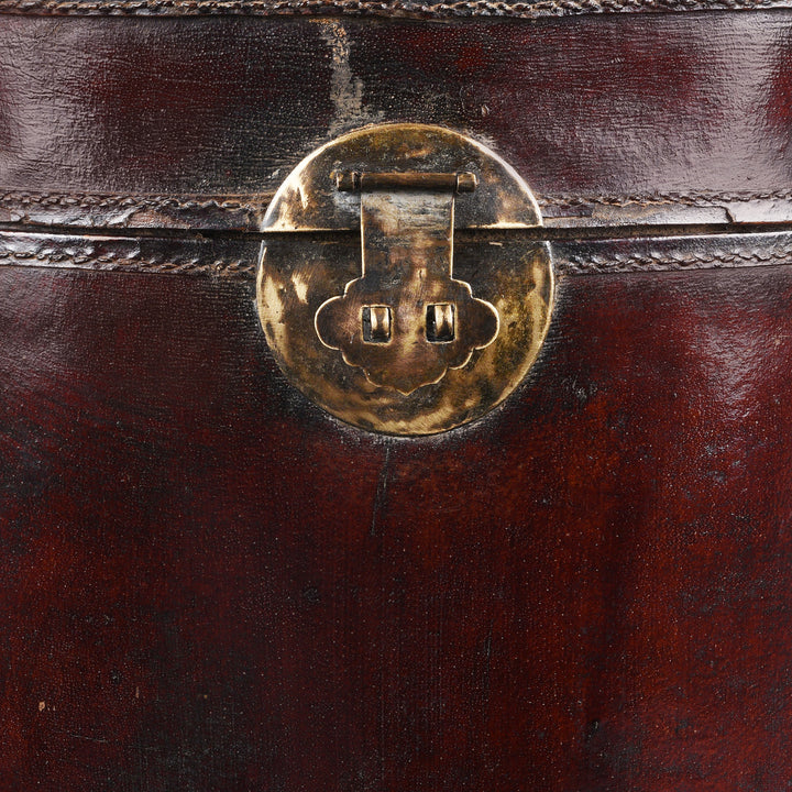 Latch Detail From Round Leather Hat Box From Shanghai  | Indigo Antiques