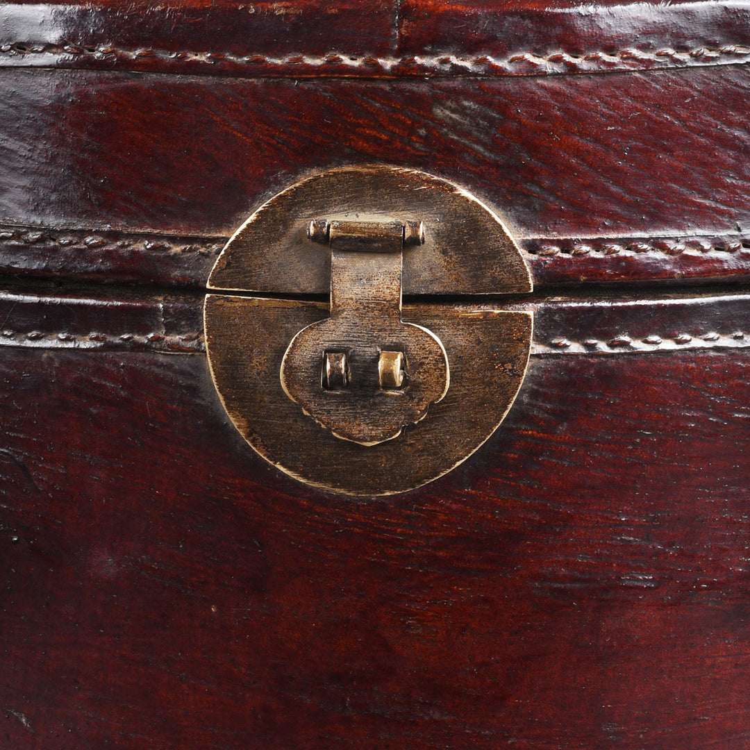 Clasp Detail From Red Pointed Leather Hat Box From Shanghai | Indigo Antiques