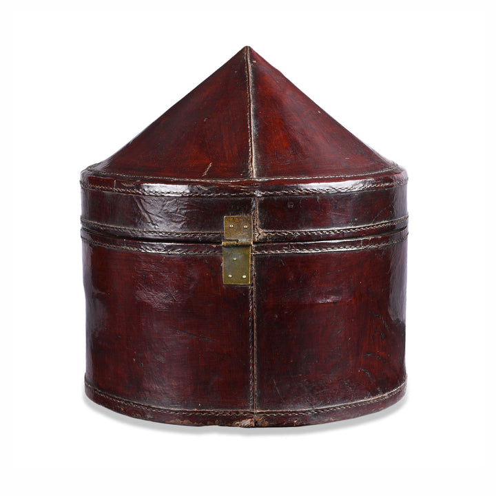 Back Of Red Pointed Leather Hat Box From Shanghai | Indigo Antiques