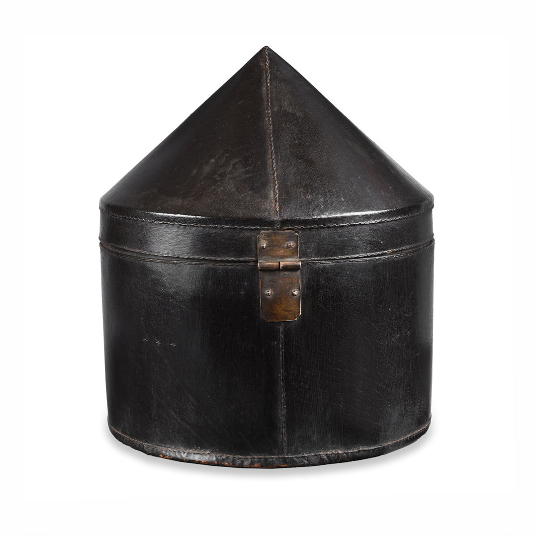 Back of Black Pointed Leather Hat Box From Shanghai | Indigo Antiques