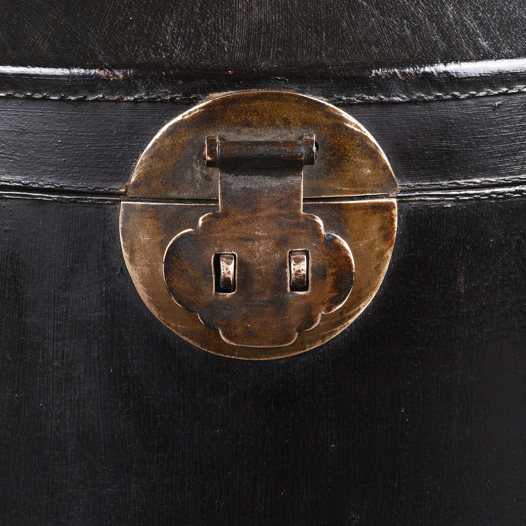 Clasp Detail From Black Pointed Leather Hat Box From Shanghai | Indigo Antiques