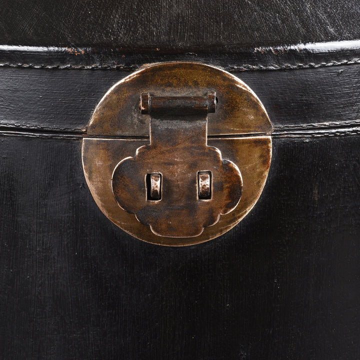 Clasp Detail From Black Pointed Leather Hat Box From Shanghai | Indigo Antiques