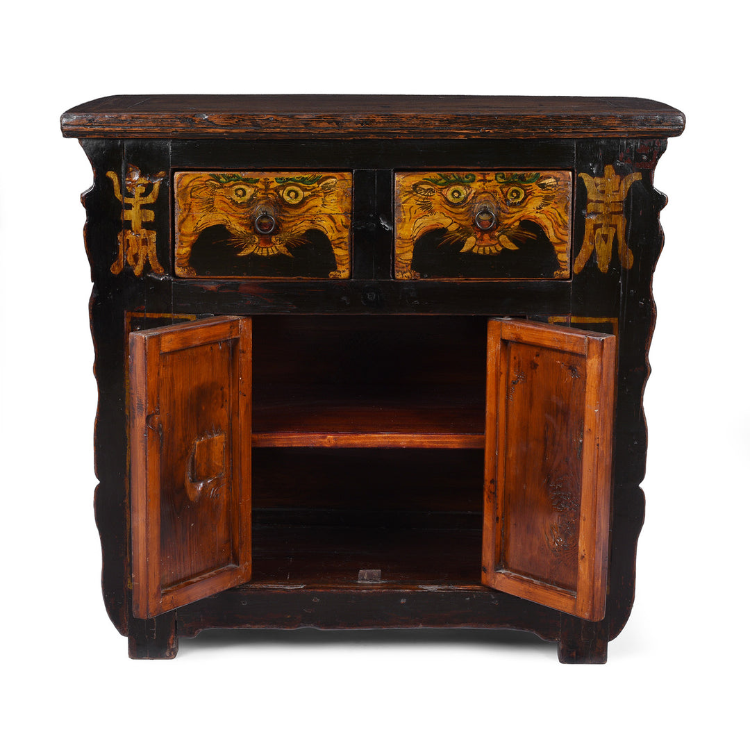 Interior Of Painted Nineteenth Century Qinghai Cabinet With Hand Painted Tiger Panels And Dragon Motif | Indigo Antiques