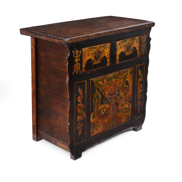 Angled View Of Painted Nineteenth Century Qinghai Cabinet With Hand Painted Tiger Panels And Dragon Motif | Indigo Antiques
