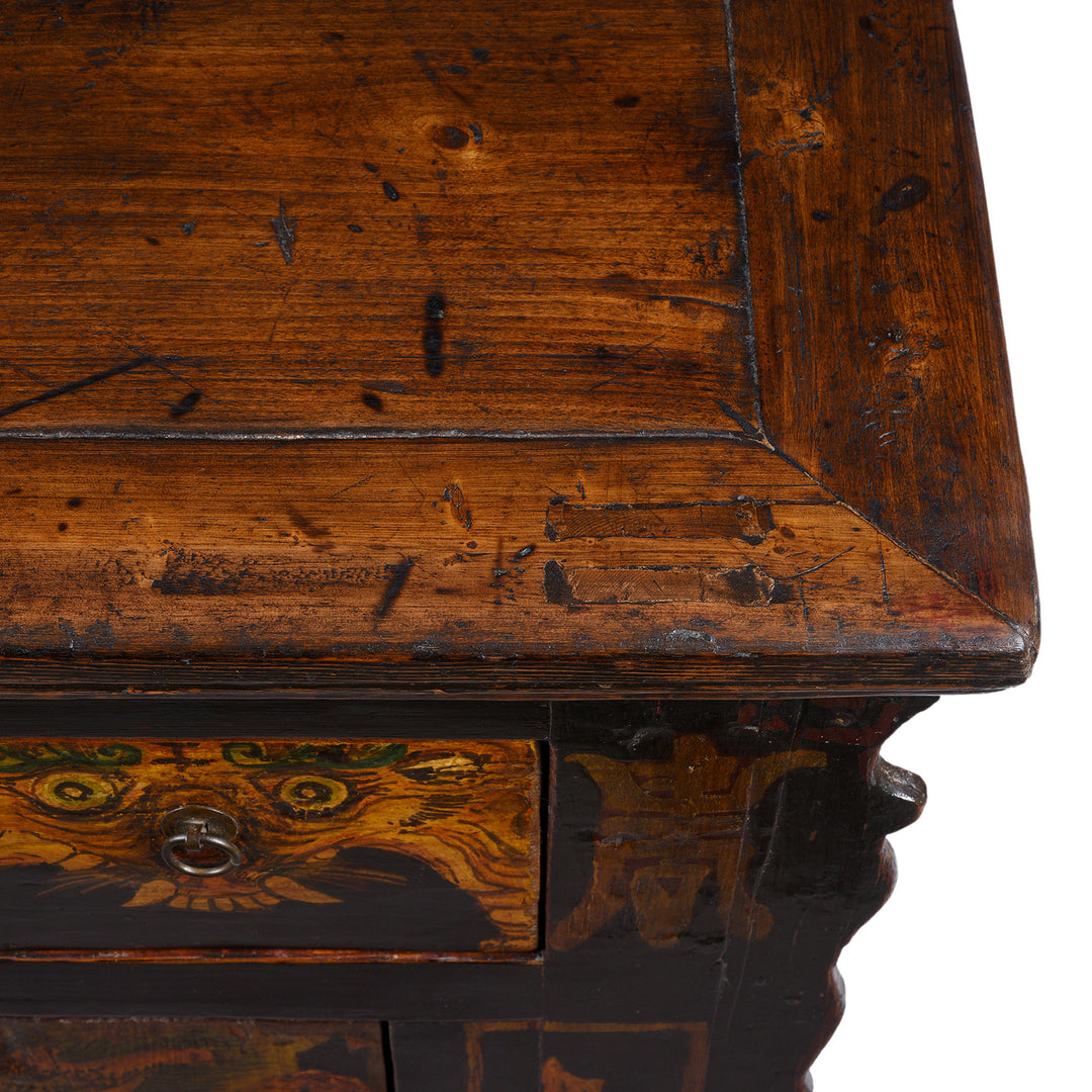 Top Corner Detail From Painted Nineteenth Century Qinghai Cabinet With Hand Painted Tiger Panels And Dragon Motif | Indigo Antiques