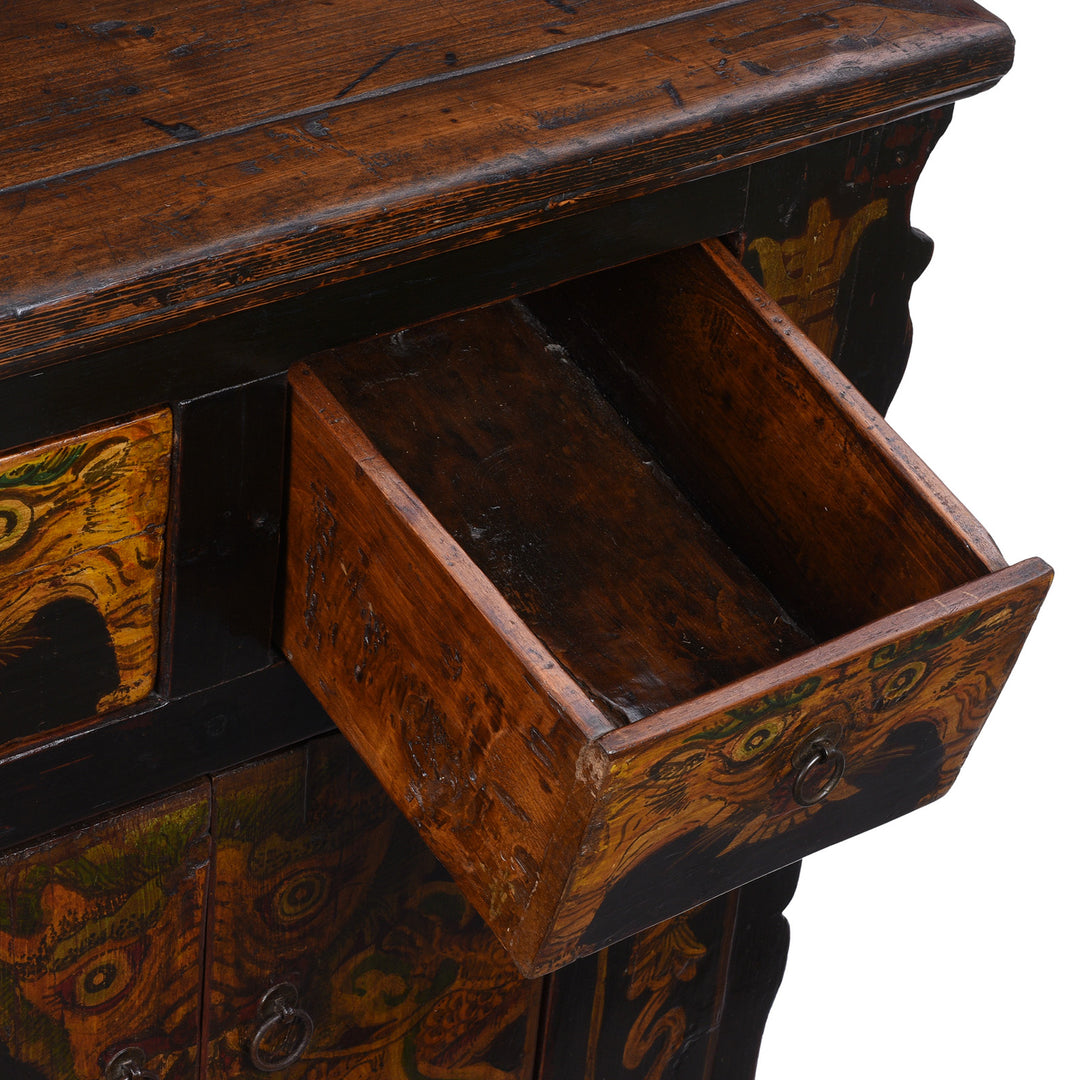 Drawer Detail From Painted Nineteenth Century Qinghai Cabinet With Hand Painted Tiger Panels And Dragon Motif | Indigo Antiques