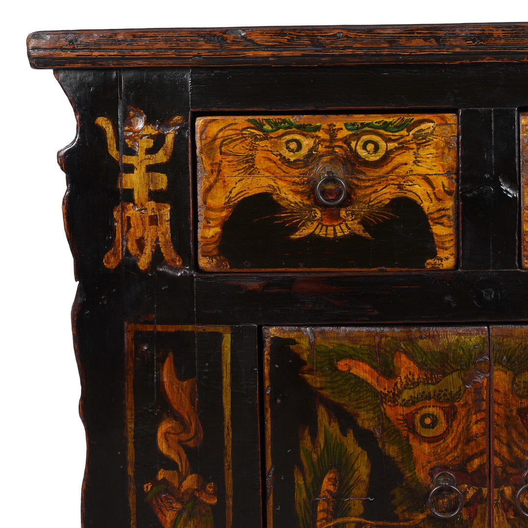 Corner Detail From Painted Nineteenth Century Qinghai Cabinet With Hand Painted Tiger Panels And Dragon Motif | Indigo Antiques