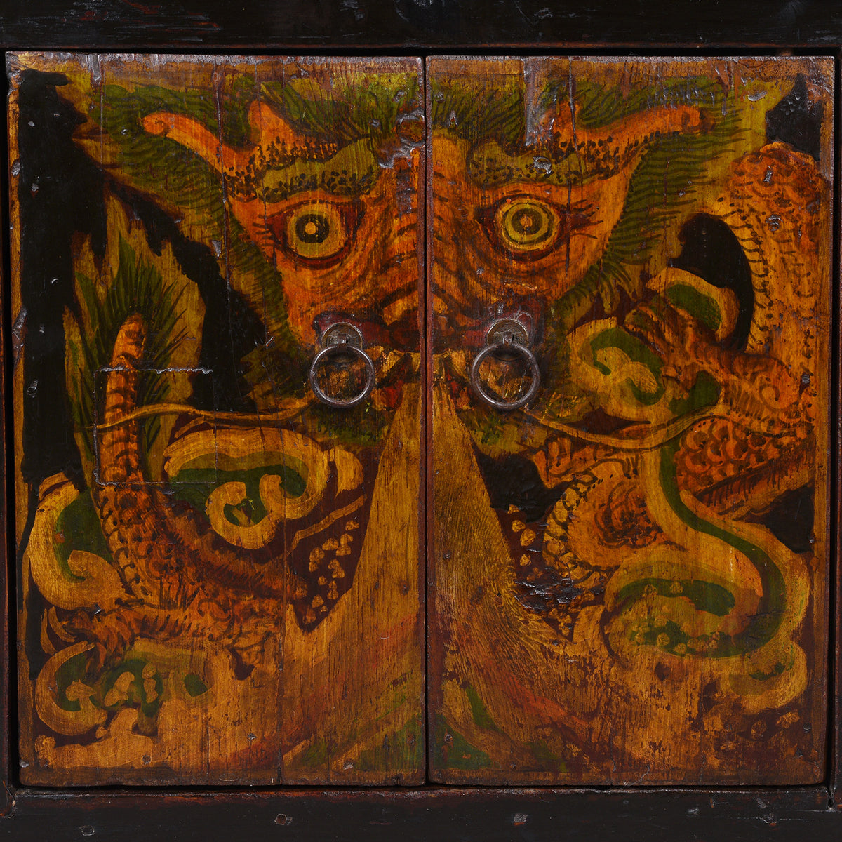 Doors Detail From Painted Nineteenth Century Qinghai Cabinet With Hand Painted Tiger Panels And Dragon Motif | Indigo Antiques
