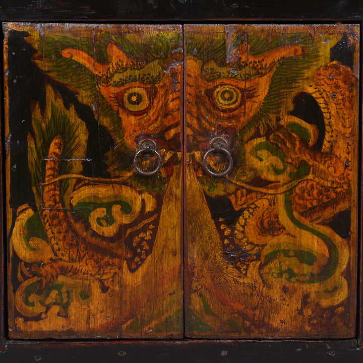 Doors Detail From Painted Nineteenth Century Qinghai Cabinet With Hand Painted Tiger Panels And Dragon Motif | Indigo Antiques