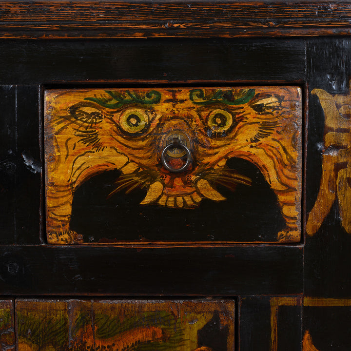 Tiger Artwork Detail From Painted Nineteenth Century Qinghai Cabinet With Hand Painted Tiger Panels And Dragon Motif | Indigo Antiques